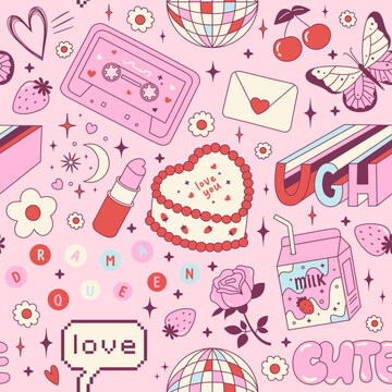 Y2k pink girly seamless pattern with cake, milk, rose flower, strawberry, cassette. Coquette backgroud with vintage decor. 2000s aesthetic. Vector texture for wrapping paper, wallpaper, cover, textile