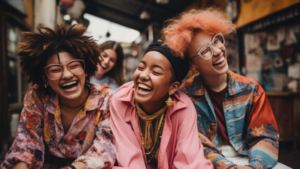 Naklejka premium Group of teenagers from various backgrounds sharing a laugh, dressed in inclusive, trendy attire. Inclusion and Diversity Concept.