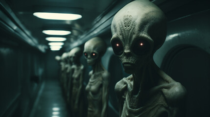 Emaciated aliens in a dimly lit cold dark spaceship prison cell corridor, extraterrestrial prisoners onboard a Terran military frigate - abnormally thin and malnourished, science fiction concept.  