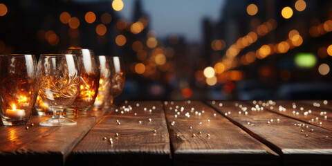 Christmas background. Empty wooden table on the background of the New Year's golden bokeh. Ready for product montage.There are Christmas candles on the edge of the table. - obrazy, fototapety, plakaty