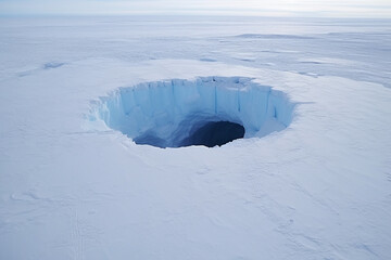 An ice fishing hole. Entrance of a cave on the ground. Generative AI.