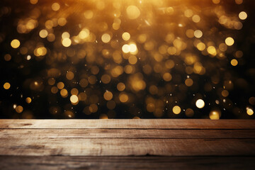 Christmas background. Empty wooden table on the background of the New Year's golden bokeh. Ready...