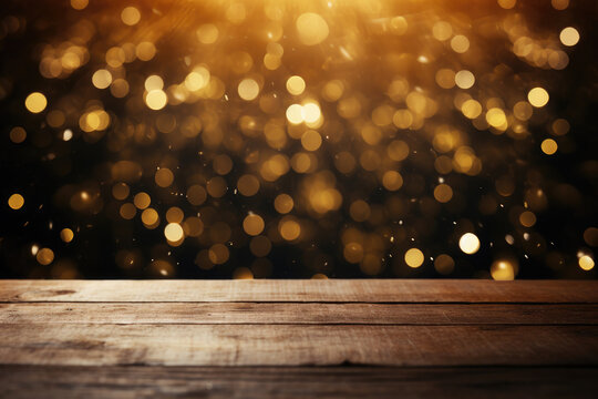 Christmas background. Empty wooden table on the background of the New Year's golden bokeh. Ready for product montage.