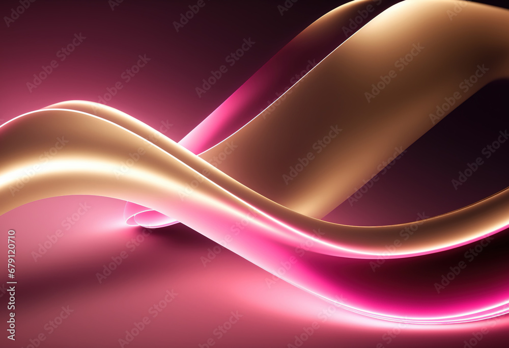 Wall mural wave ornament abstract background. golden neon pink color gradient glowing curl curve layers design 
