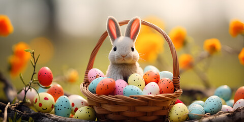 Rabbit and egg easter day  important day, Easter eggs in a basket with a bunny on the front, Happy bunny with many easter eggs on grass festive, easter rabbit with beautiful eggs in the basket, - obrazy, fototapety, plakaty