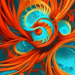 Dekor aus verschlungenen Formen und Fibunacci Sequenz Spiralen, Kreise und Linien in blau und orange leuchtend, als Hintergrund und Vorlage zur Design Gestaltung für Karten, Einladungen 