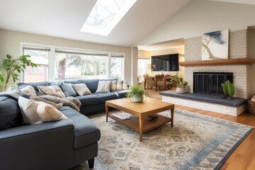 open family room with asymmetrical rug pattern