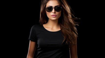 Naklejka premium Stylish Brunette Woman in Black Shirt and Glasses - Isolated on Dark Background