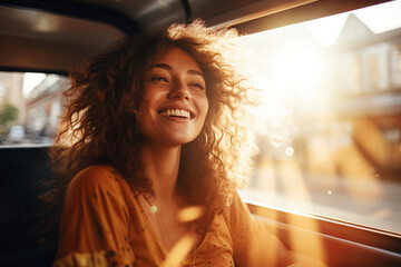 Closeup portrait of a cheerful young woman with windy hair sitting at a car. Generative AI. - Powered by Adobe