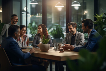 Diverse business people at corporate meeting, sitting at table in boardroom. Generative AI.