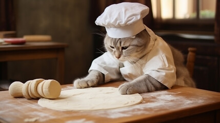 A cat in an apron and a cap rolls out the dough. Cooking at home. generative ai