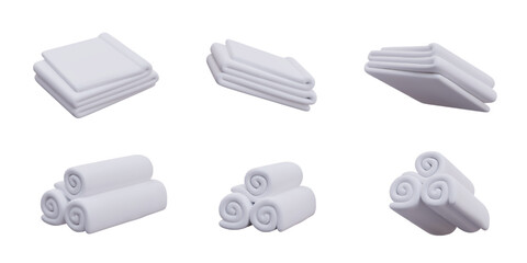 Collection of white clean towels in different positions. Cleaning, body care concept. Stuff for bathroom. Rolls towels. Vector illustration in 3d style