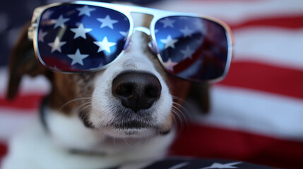 American flag motif sunglasses wearing dog. Beautiful dog with USA flag sunglasses. generative ai