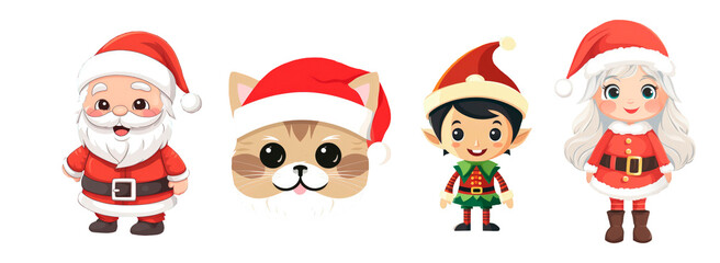Set of many  Christmas personage stickers. characters of Santa Claus, dog,cat,girl,elf
