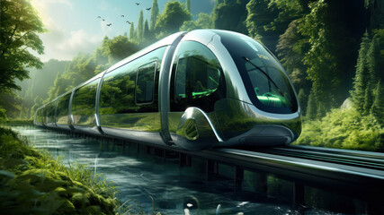modern high speed train in the green forest. 3d rendering.