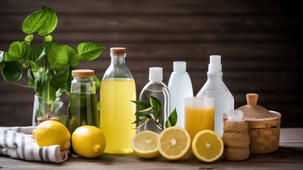 A collection of homemade cleaning products made with natural, organic ingredients, featuring a refreshing citrus aroma for a clean and freshsmelling home environment. - obrazy, fototapety, plakaty