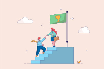 Support or help career success, mentorship. Business mentor or leadership help colleague to succeed and reach goal achieve target. Businesswoman leader help employee climb to target at top of stair.