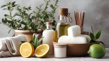 A collection of homemade cleaning products made with natural, organic ingredients, featuring a refreshing citrus aroma for a clean and freshsmelling home environment.