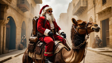 Obraz premium Israel. Santa Claus rides a camel in Jerusalem. Christmas. 