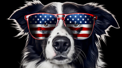 Beautiful border collie in front of a USA flag with sunglasses. generative ai