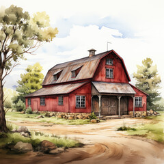 Watercolor Red Barn Sublimation Clipart illustration Generative Ai
