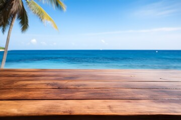 close up of a wooden table with ocean sea view in background