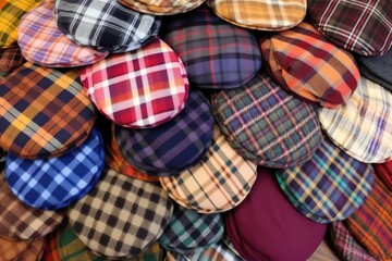 pile of various plaid patterned caps on a table