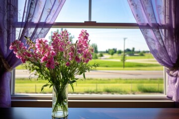 blooming flowers in a prairie seen through a ribbon window