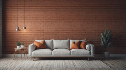 Interior design of modern apartment, living room with brick wall. Home design with gray sofa