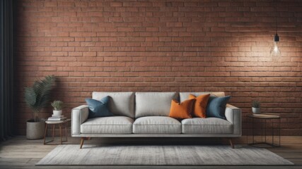 Interior design of modern apartment, living room with brick wall. Home design with gray sofa