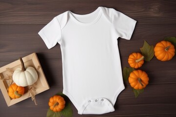 White baby bodysuit flat lay autumn mockup. Design template, print presentation mock up. Top view.