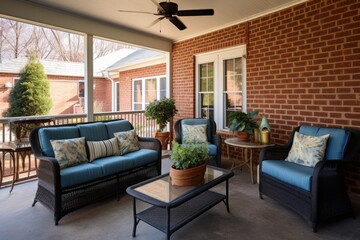 brick ranch porch featuring wicker furniture - obrazy, fototapety, plakaty