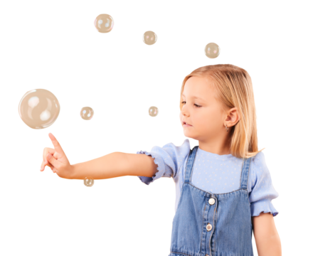 Girl, kid and playing with bubbles for fun, games and childhood development with freedom. Touch, profile and young child from Canada catch soap for activity isolated by transparent png background.