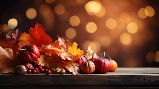 autumn leaves on a table HD 8K wallpaper Stock Photographic Image