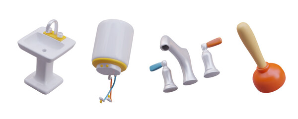 3d realistic washstand, boiler, faucet and plunger. Collection of equipment for water. Electric home appliance and water heating concept. Vector illustration in 3d style