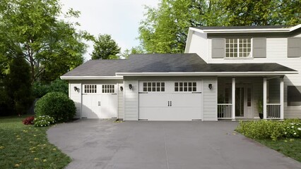 Traditional American home with two garages, a driveway and a large tree.