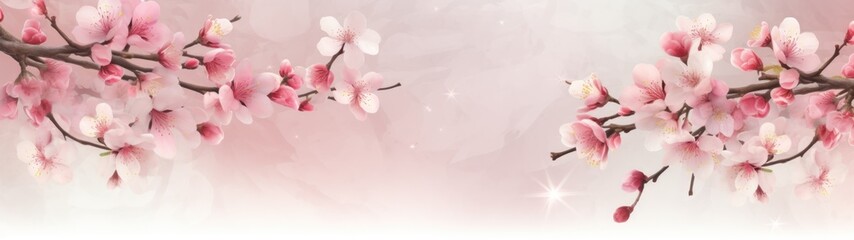 Sakura blooms theme. Delicate cherry blossoms on ethereal background, sparkling highlights, elegant floral banner design, holiday valentines day.