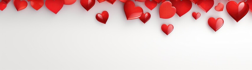 Valentine's Day themed banner with red hearts of various textures on white background, festive and love celebration