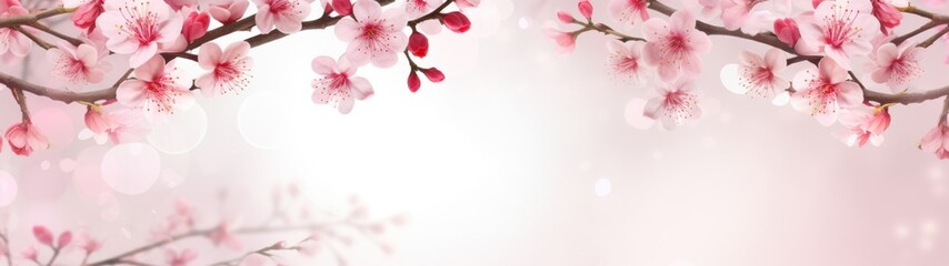 Cherry Blossoms Soft Pink Bokeh Light Springtime Freshness Tranquil Nature Banner Background, holiday valentines day.