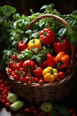 Wicker baskets with many varieties of tomatoes.