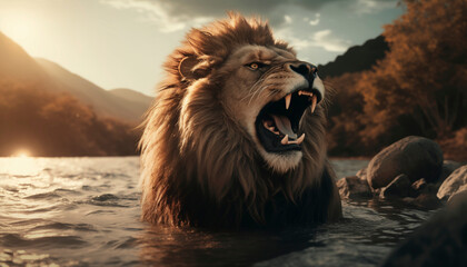 lion roaring at the edge of a lake