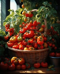 Wicker baskets with many varieties of tomatoes.