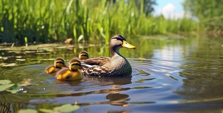 duck and ducklings swimming in lake