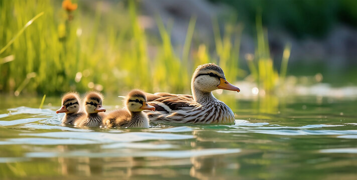 duck and ducklings swimming in lake