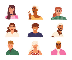 Diverse men and women head portraits collection. Happy young characters avatar set. Flat vector illustration isolated on white background