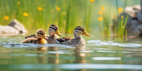 duck and ducklings swimming in lake - obrazy, fototapety, plakaty