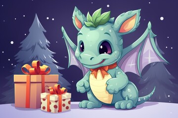 Winter Festivity and Magic: Dragon with holiday spirit, whimsical digital art for celebration and gift-giving