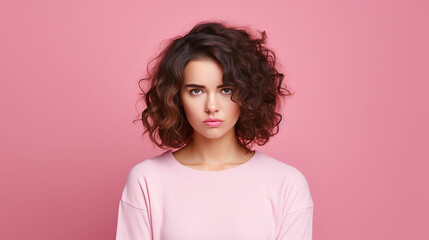 Photo of unhappy young woman bad mood irritated problem raise eyebrow isolated on pink color background. Made with generative ai - obrazy, fototapety, plakaty