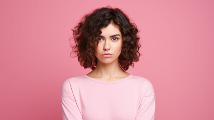 Photo of unhappy young woman bad mood irritated problem raise eyebrow isolated on pink color background. Made with generative ai - obrazy, fototapety, plakaty