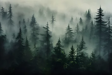 Foto auf Leinwand view of a green alpine trees forest with mountains at back covered with fog and mist in winter © DailyLifeImages